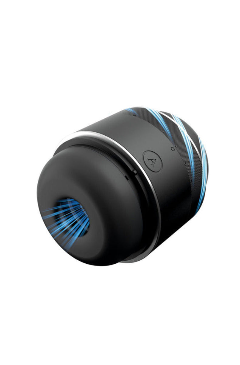 Arcwave Voy compact black stroker at an angle with blue accent graphic showing the internal texture and A logo