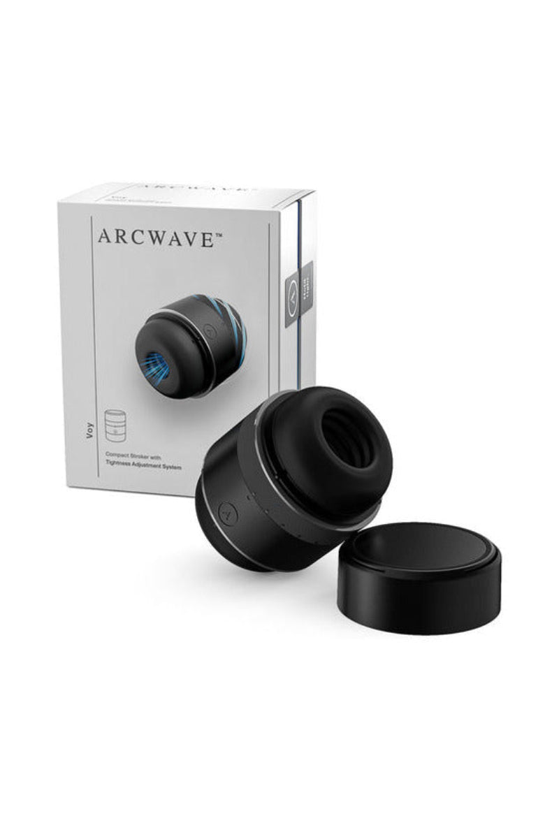 Arcwave Voy stroker with protector lid off beside its retail box