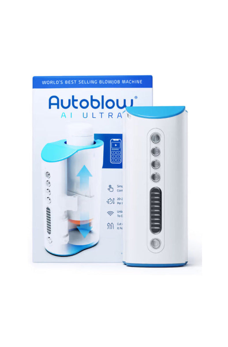 Autoblow AI Ultra white and blue automatic stroker standing next to its retail box