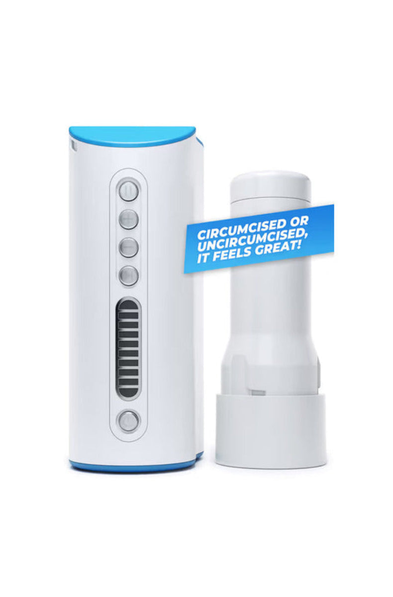 Autoblow AI Ultra device beside its removable sleeve, labeled circumcised or uncircumcised it feels great