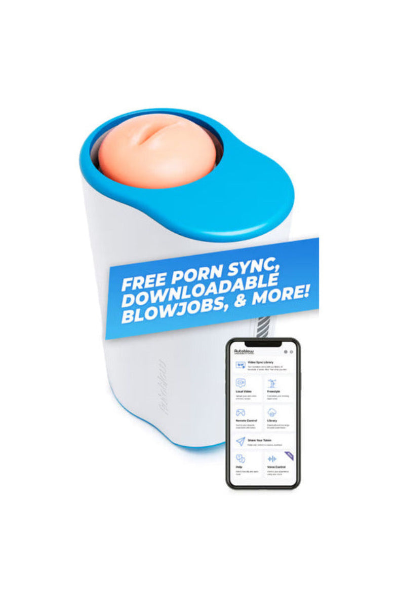 Top view of the Autoblow AI Ultra sleeve opening with the phone app showing the video sync library