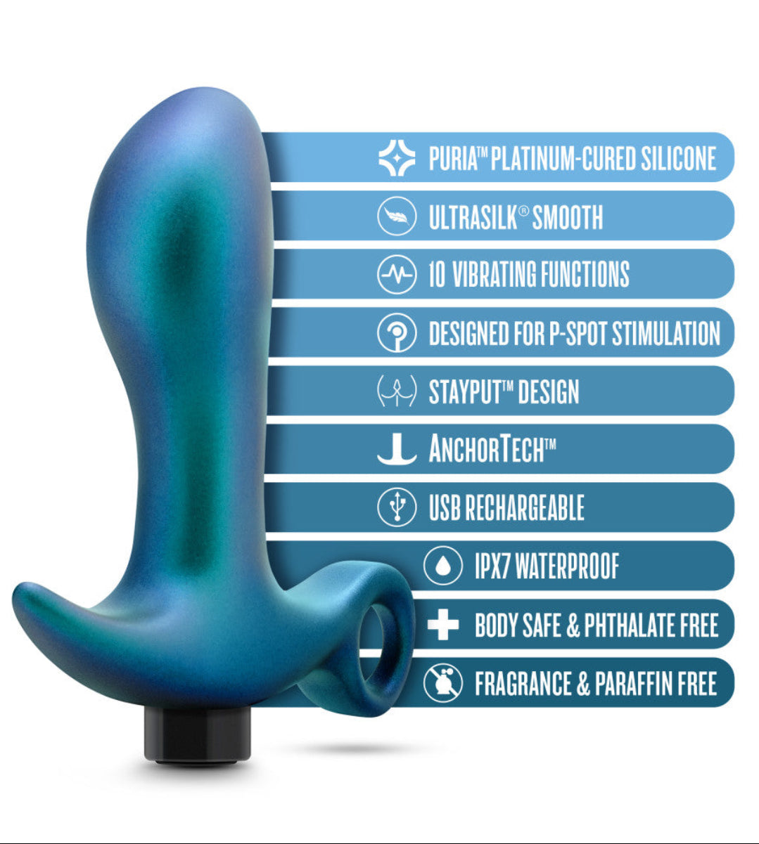 Blue prostate plug beside feature labels: Puria silicone, 10 vibrating functions, USB rechargeable, IPX7 waterproof, body safe.