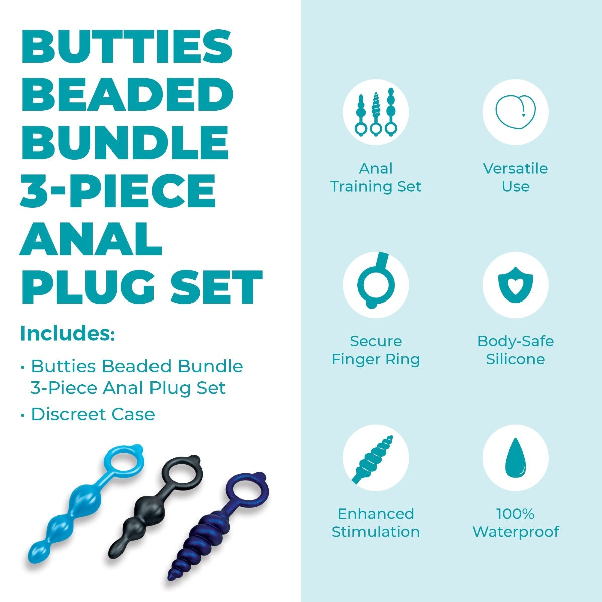 Butties Beaded Bundle infographic: anal training set, finger ring, body-safe silicone, waterproof, discreet case included.