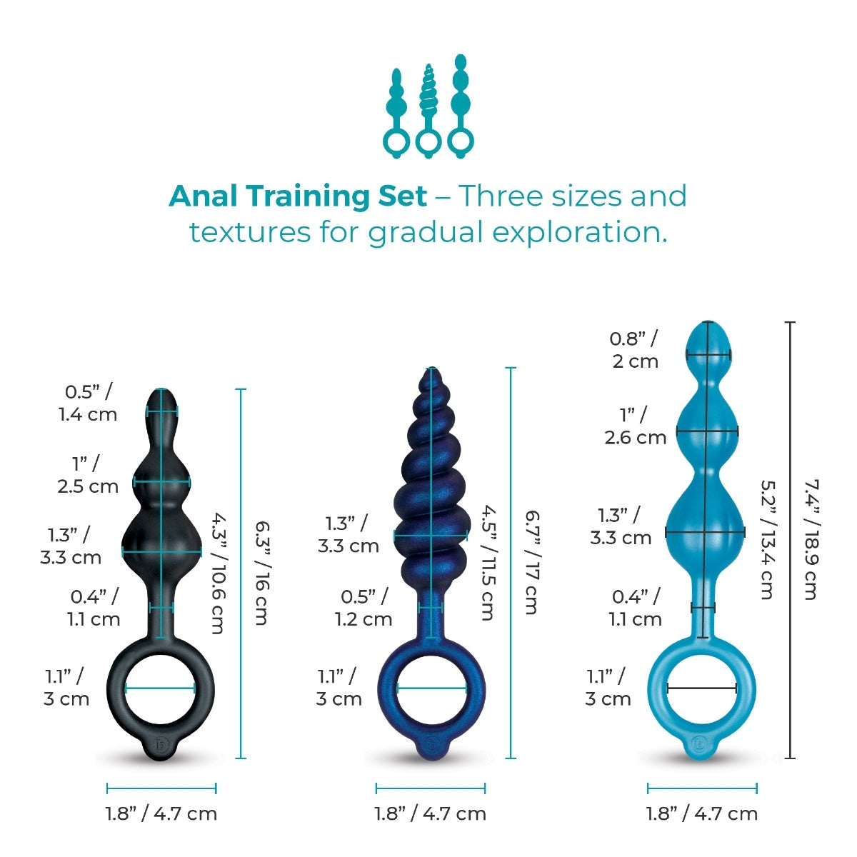 Size diagram of the three anal plugs: insertable 4.2, 4.5, and 5.2 inches, each 1.3 inch widest, on white.
