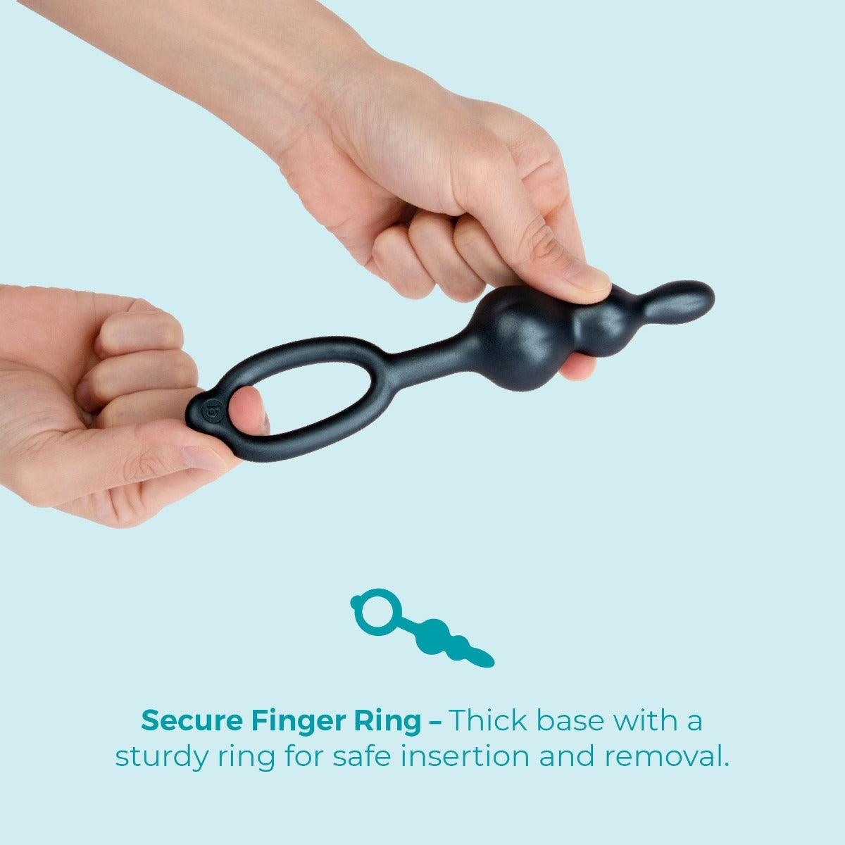 Two hands holding the black anal plug horizontally, showing the thick base and sturdy finger ring.