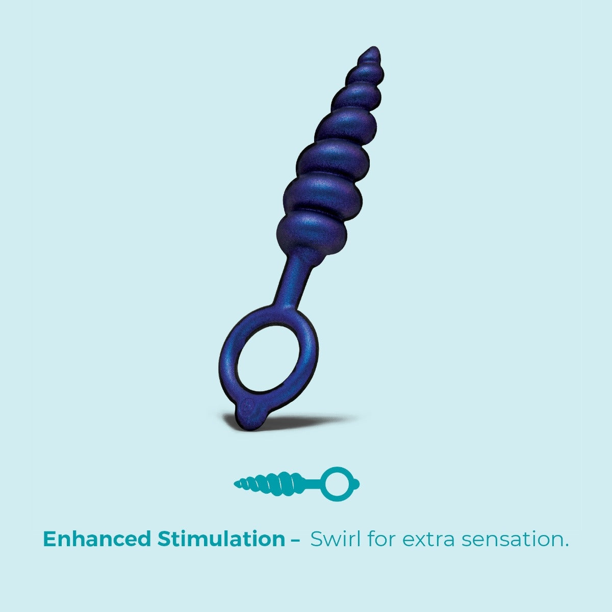 The midnight blue anal plug with a swirled, ribbed texture and a finger-ring base, on a light blue background.