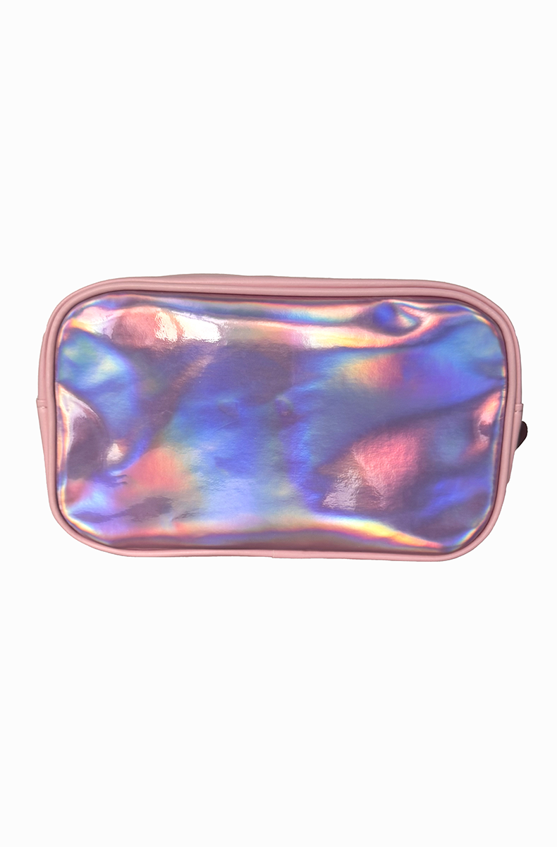 Pink and iridescent silver-pink holographic travel bag with bold "Slut" lettering in script, outlined and trimmed in clear glitter, with a top metal zipper.