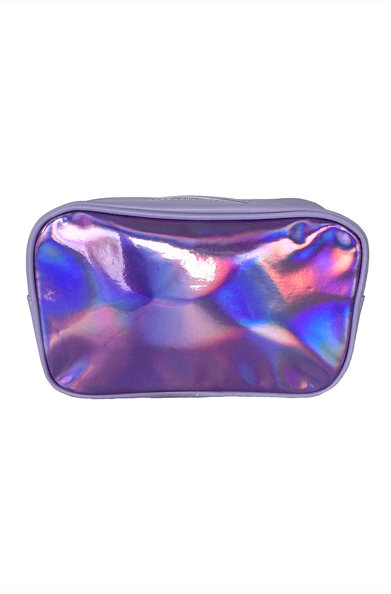 Iridescent purple holographic travel bag with bold "Fuck" lettering in script, outlined and trimmed in clear glitter, with a top metal zipper.