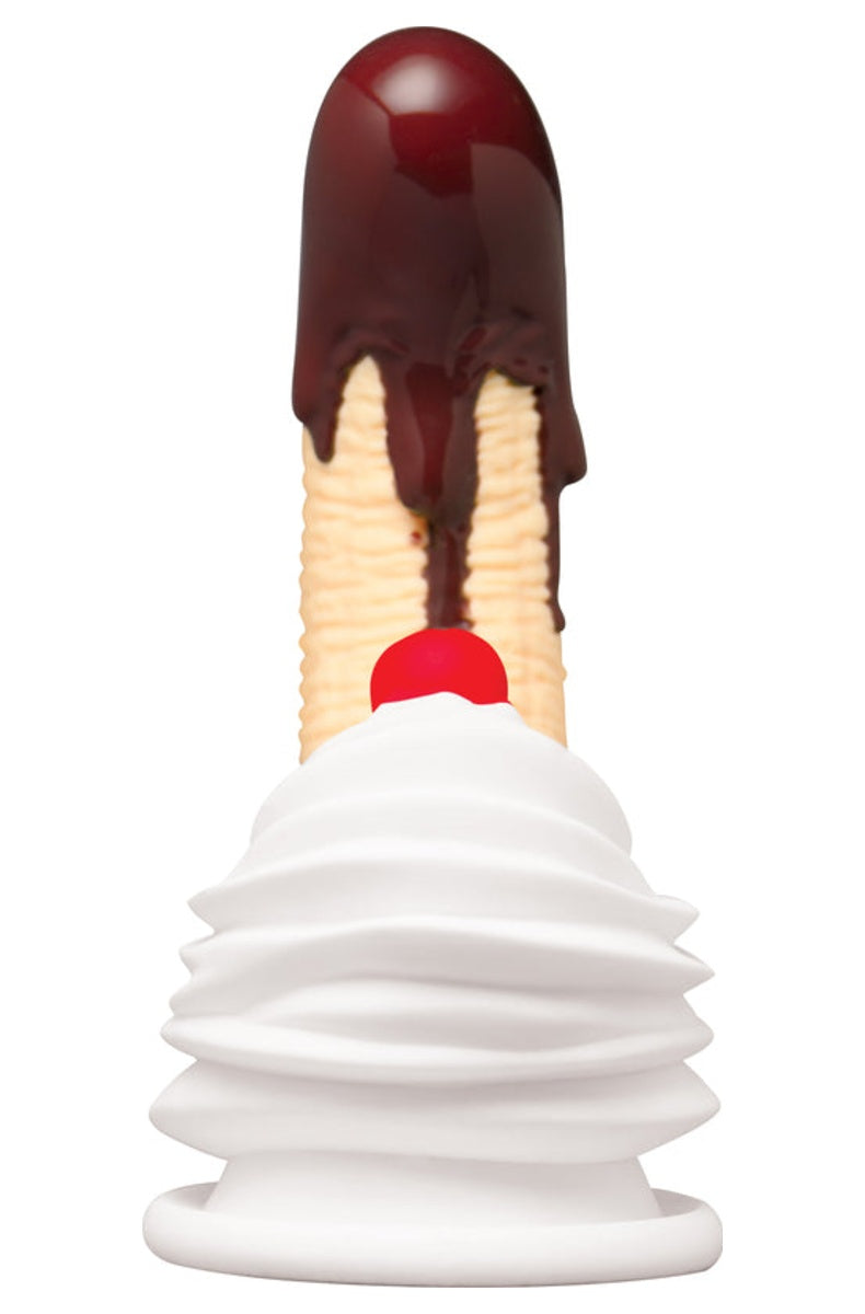 Straight on view showing the red cherry stimulator sitting on the front of the swirl base