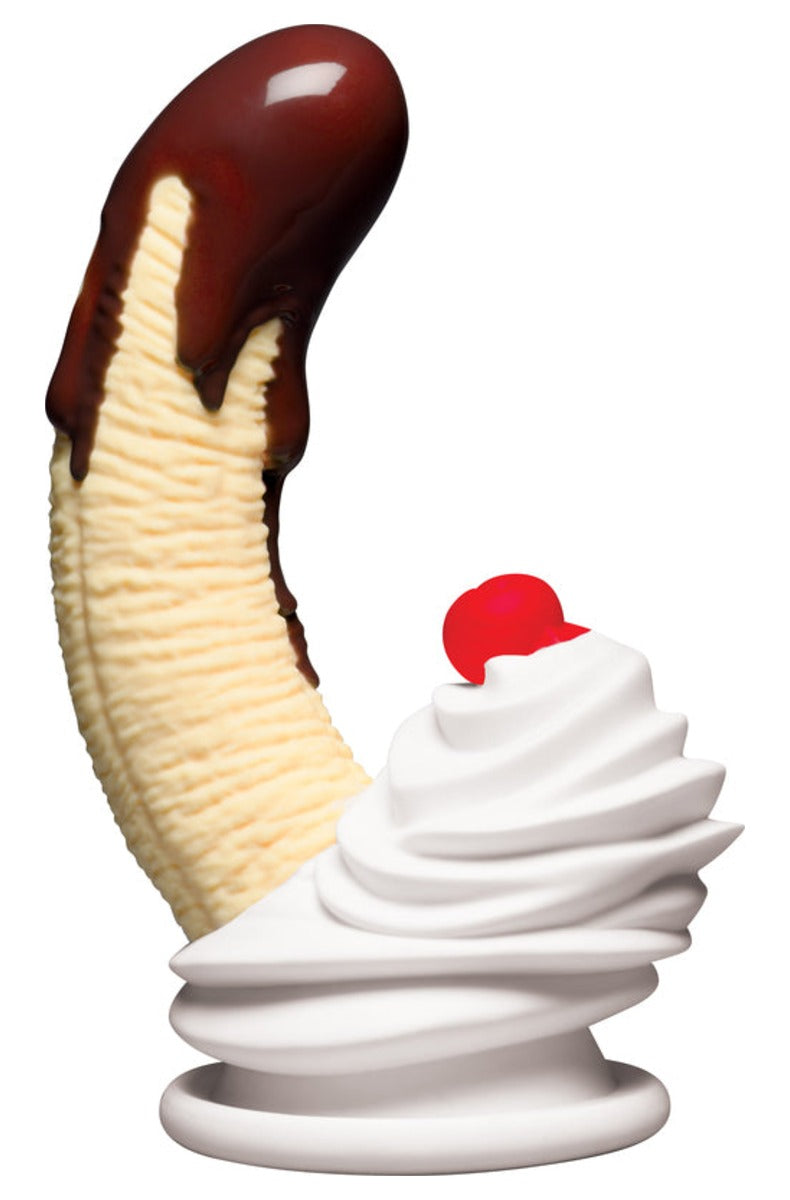 Banana split dildo seen from the front, a chocolate dipped banana shaft on a white soft serve swirl base with a red cherry