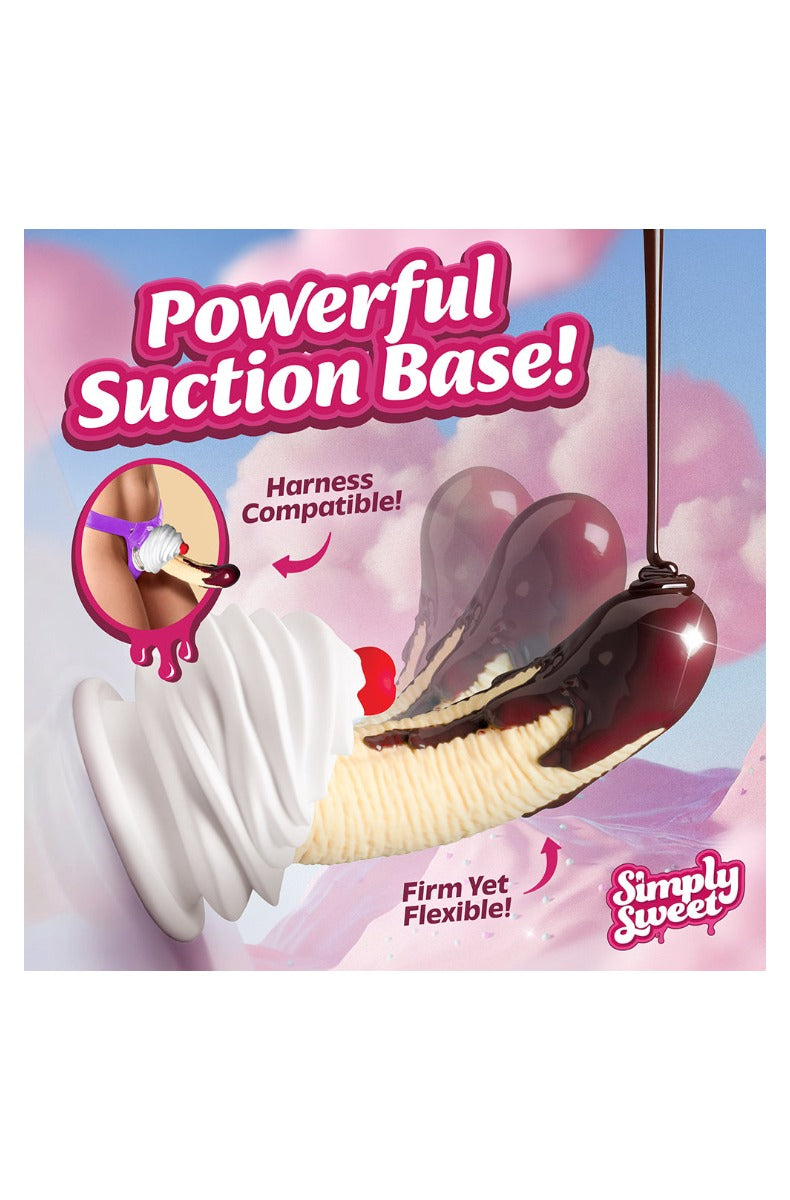 Feature card noting the powerful suction base, harness compatibility and the firm yet flexible silicone