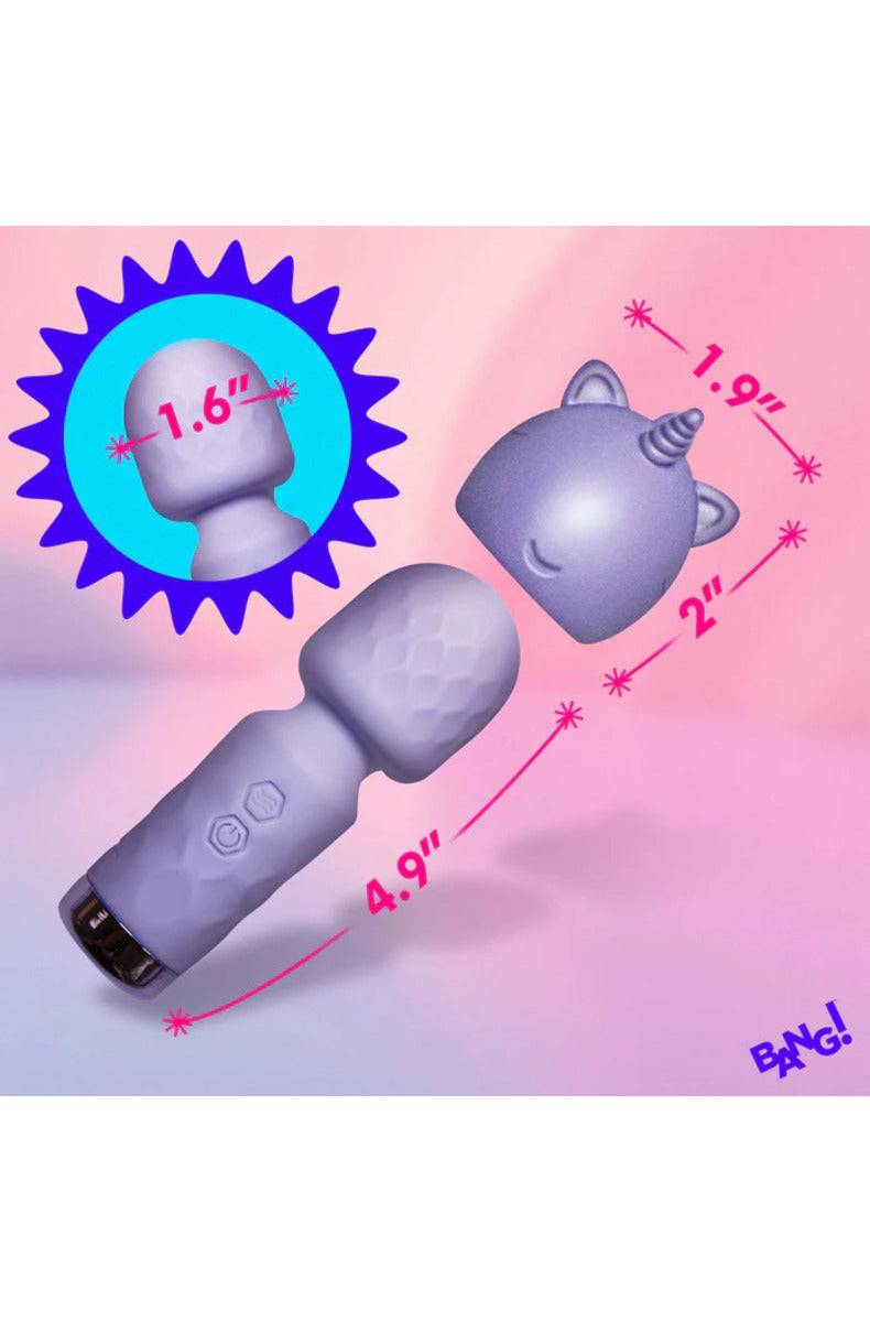 Bang! Unicorn wand dimensions: 4.9 inch wand, 1.6 inch head, 2 inch sleeve