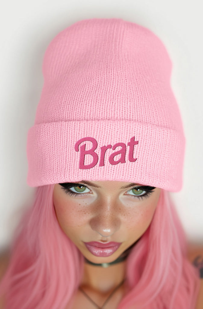pink brat beanie