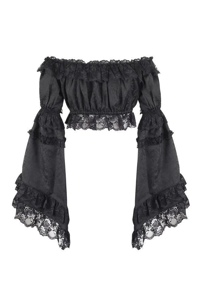 Black brocade peasant top with off-shoulder smocked bodice and dramatic flare sleeves with lace trim