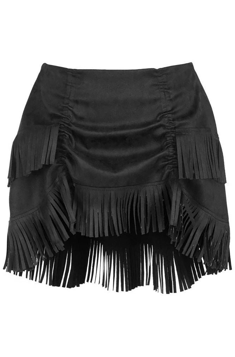 Black suede ruched bustle mini skirt with cascading suede fringe along the hem