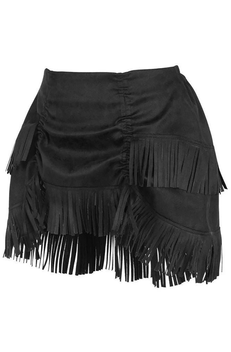 ruched bustle skirt with fringe