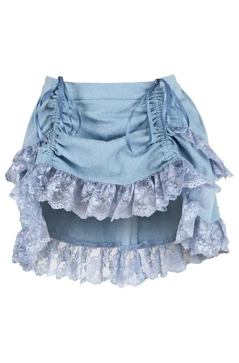 Light blue denim ruched mini skirt with bustle silhouette and layered lace ruffle hem