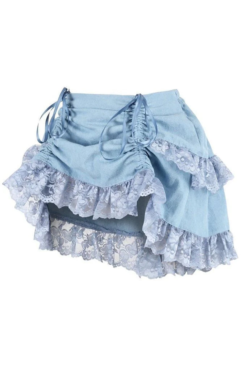 Light Blue Denim Ruched Lace Bustle Mini Skirt