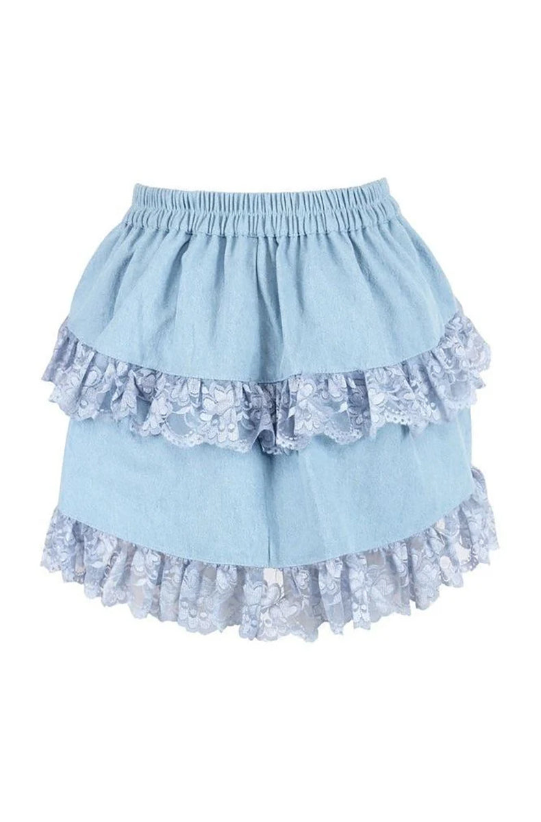 Light Blue Denim Ruched Lace Bustle Mini Skirt