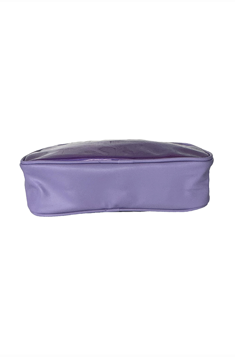 Iridescent purple holographic travel bag with bold "Fuck" lettering in script, outlined and trimmed in clear glitter, with a top metal zipper.