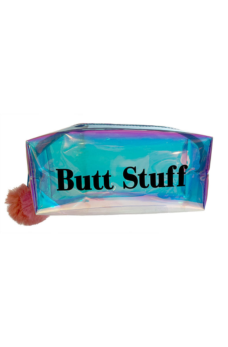 Close-up of iridescent holographic drawstring pouch with Butt Stuff text on the front.