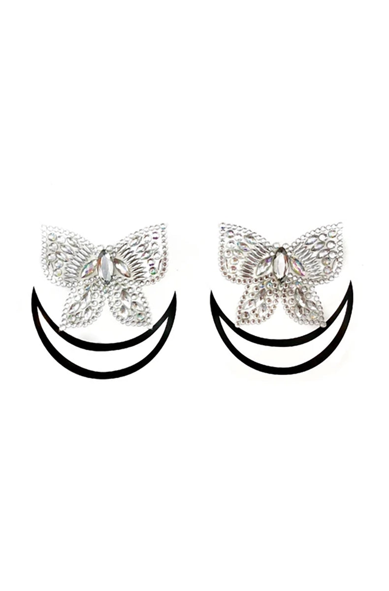 Two butterfly-shaped jewel pasties built from clear and AB rhinestones, paired with twin black pleather crescent-moon shapes framing the bottom.