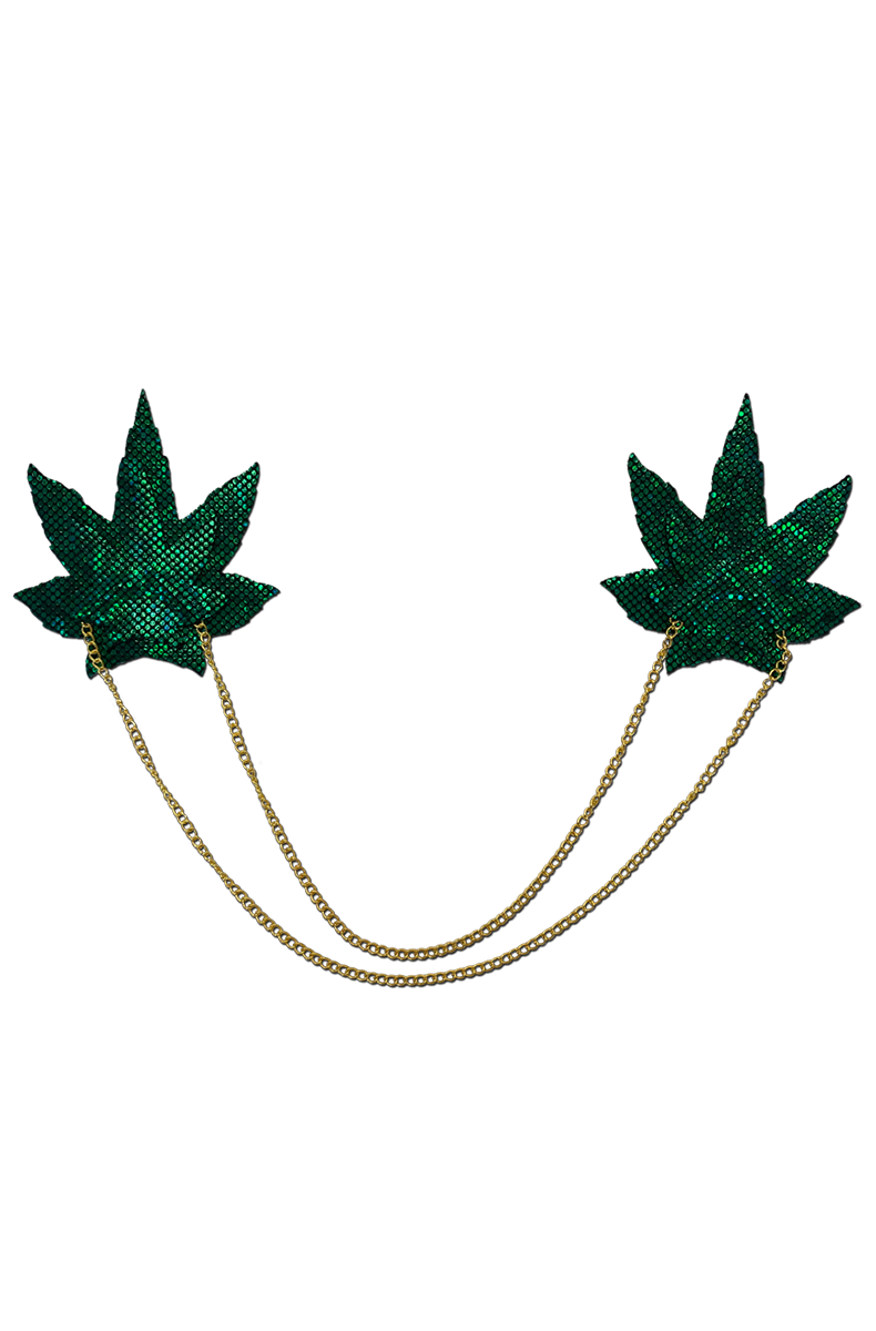 Two cannabis-leaf-shaped pasties in dark green disco-dot finish, connected by two graduated gold-tone chain swags.