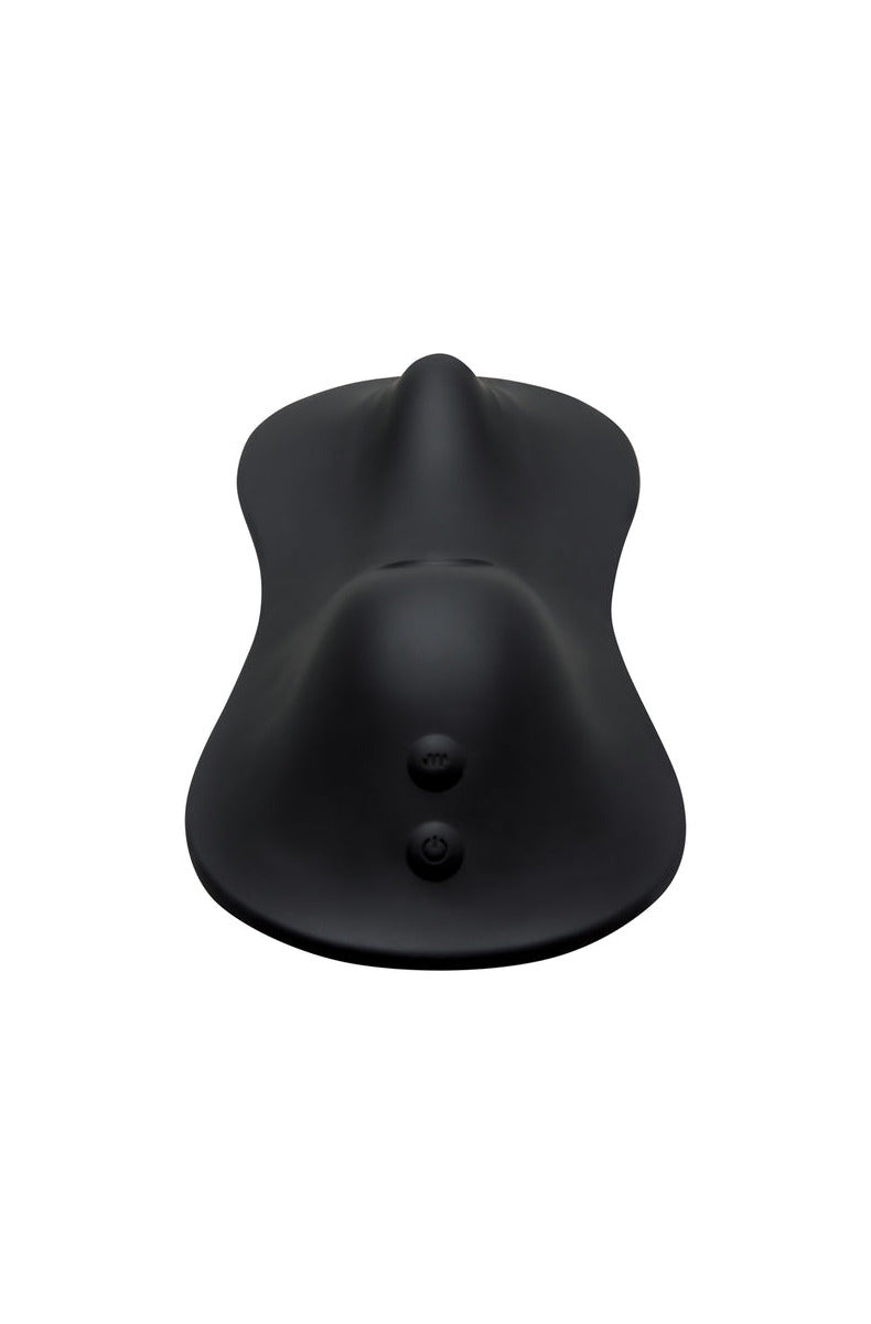 Front view of the black Rodeo Rumbler showing the raised love hump and clitoral tapper