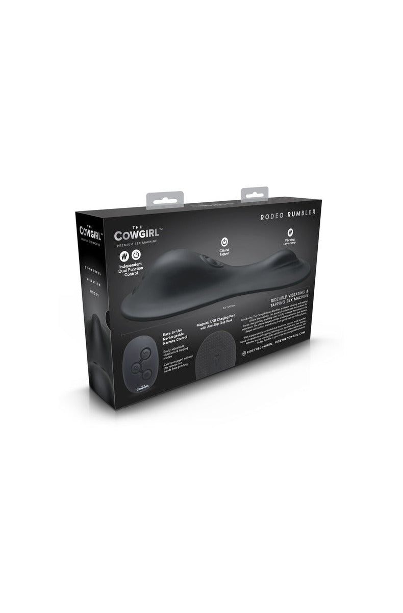 Back of The Cowgirl Rodeo Rumbler packaging listing features and specs