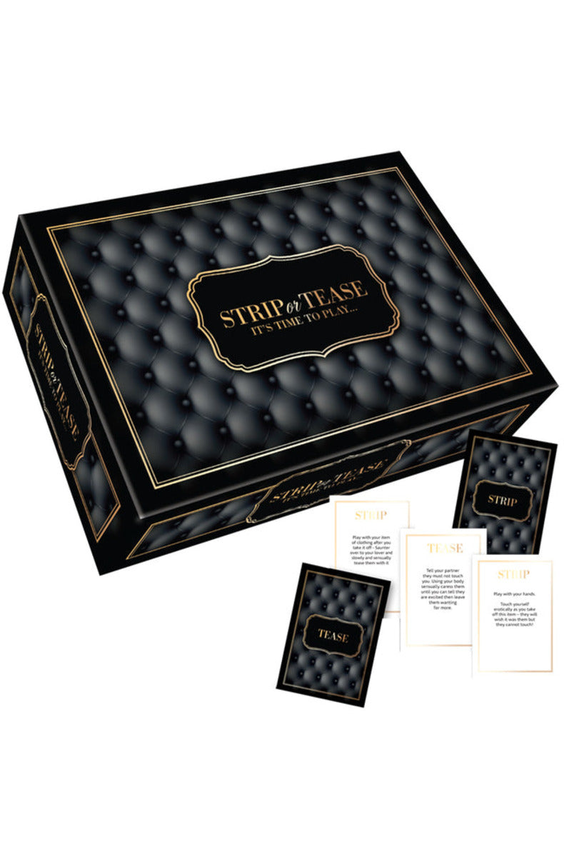 Creative Conceptions Strip or Tease game black tufted box with Strip and Tease cards