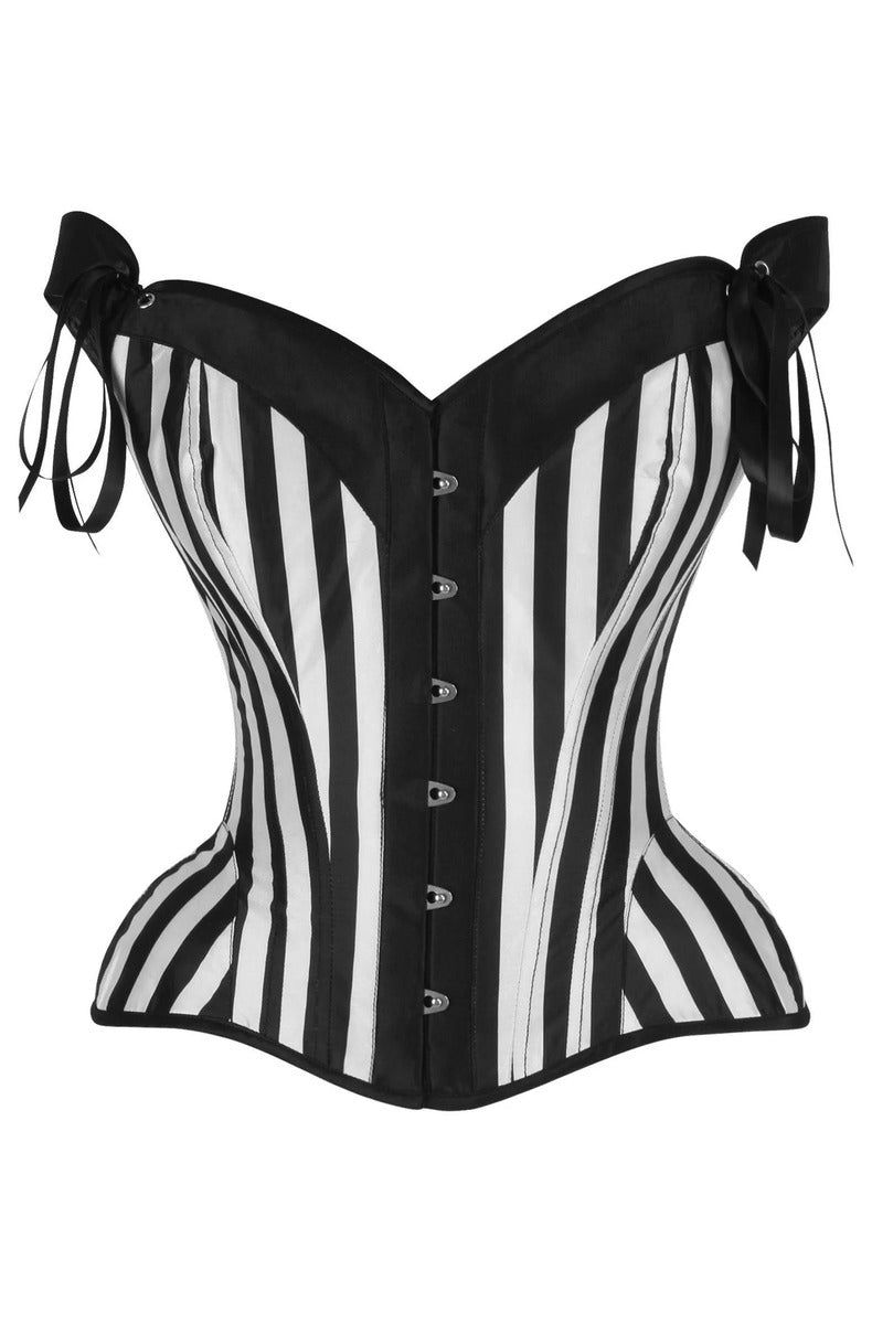 Black and white striped steel boned corset with a sweetheart neckline, front busk, and ribbon-tie straps
