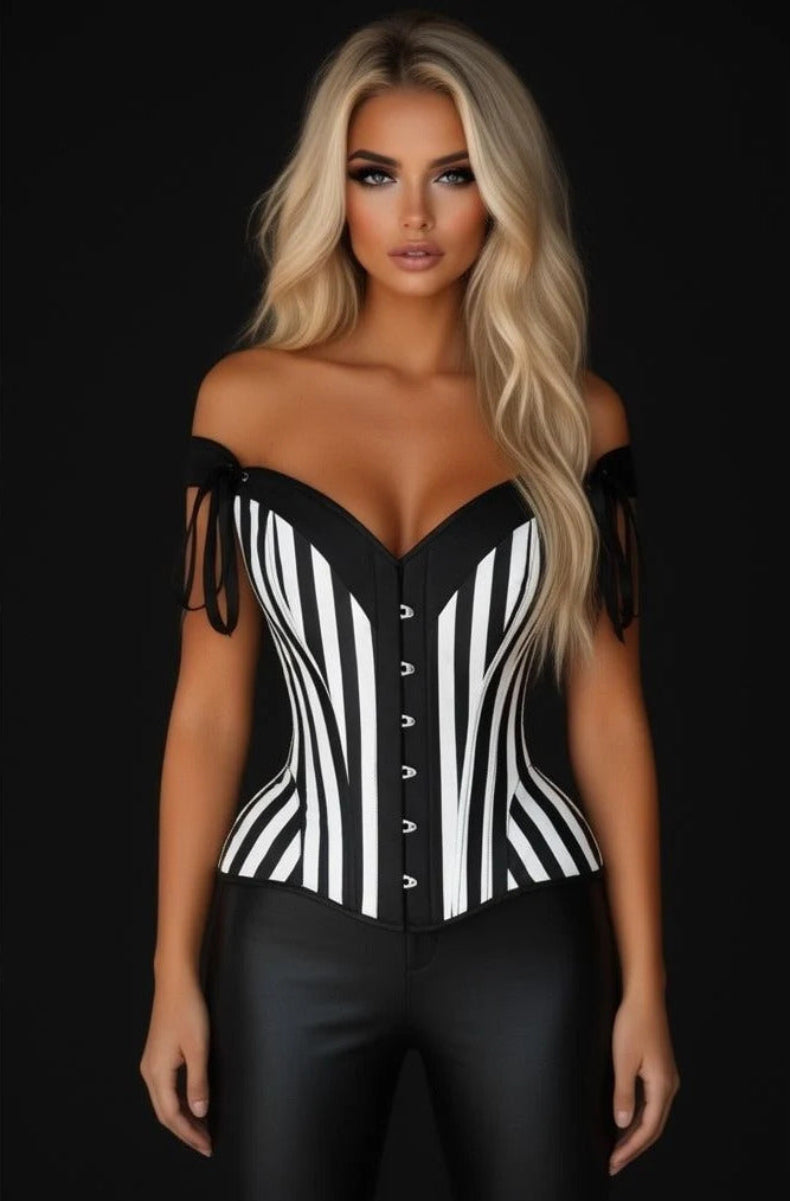 Model wearing the black and white striped steel boned corset with a sweetheart neckline