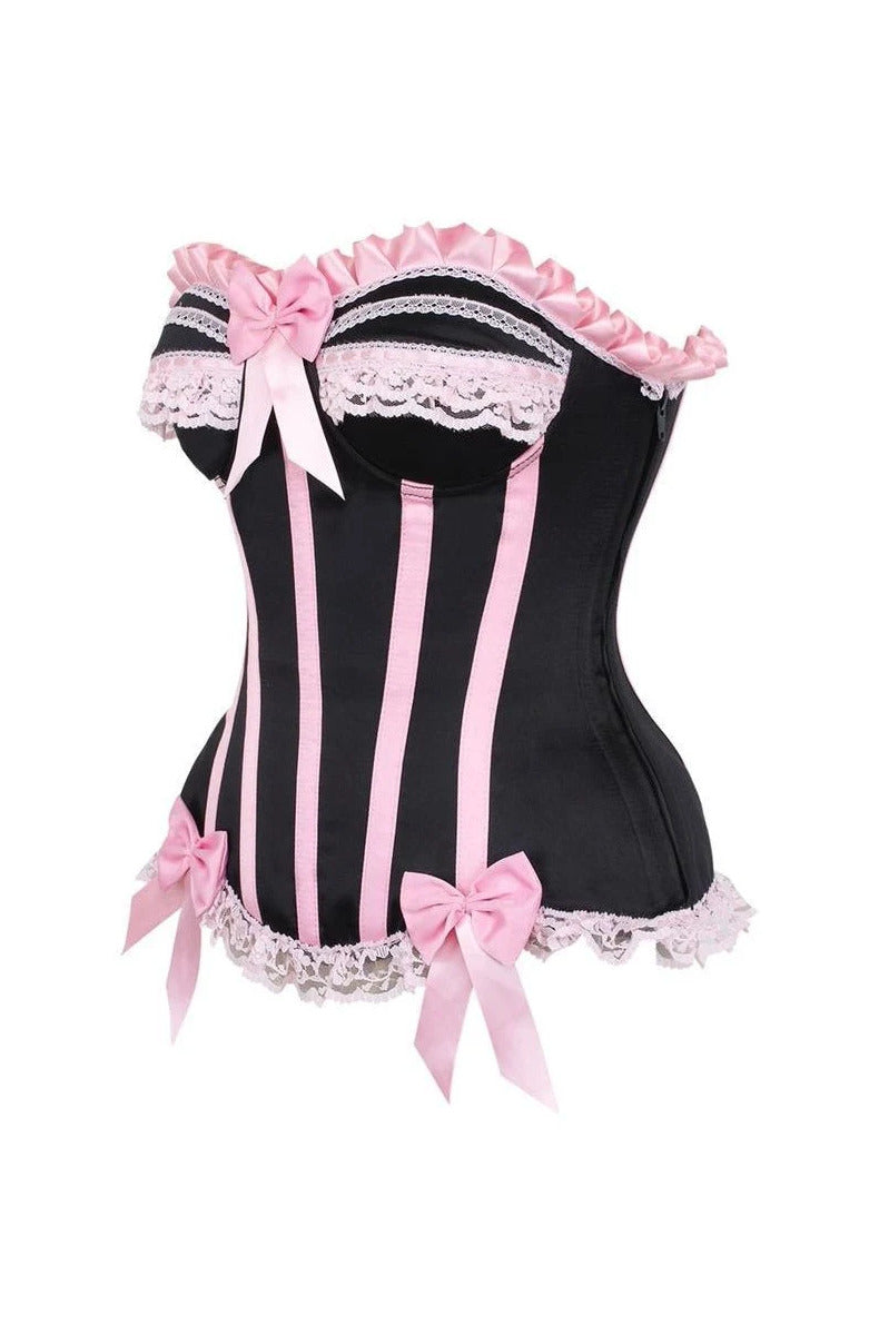 Black satin burlesque corset with pink stripes, bows, ruffle trim, and underwire cups, angled view