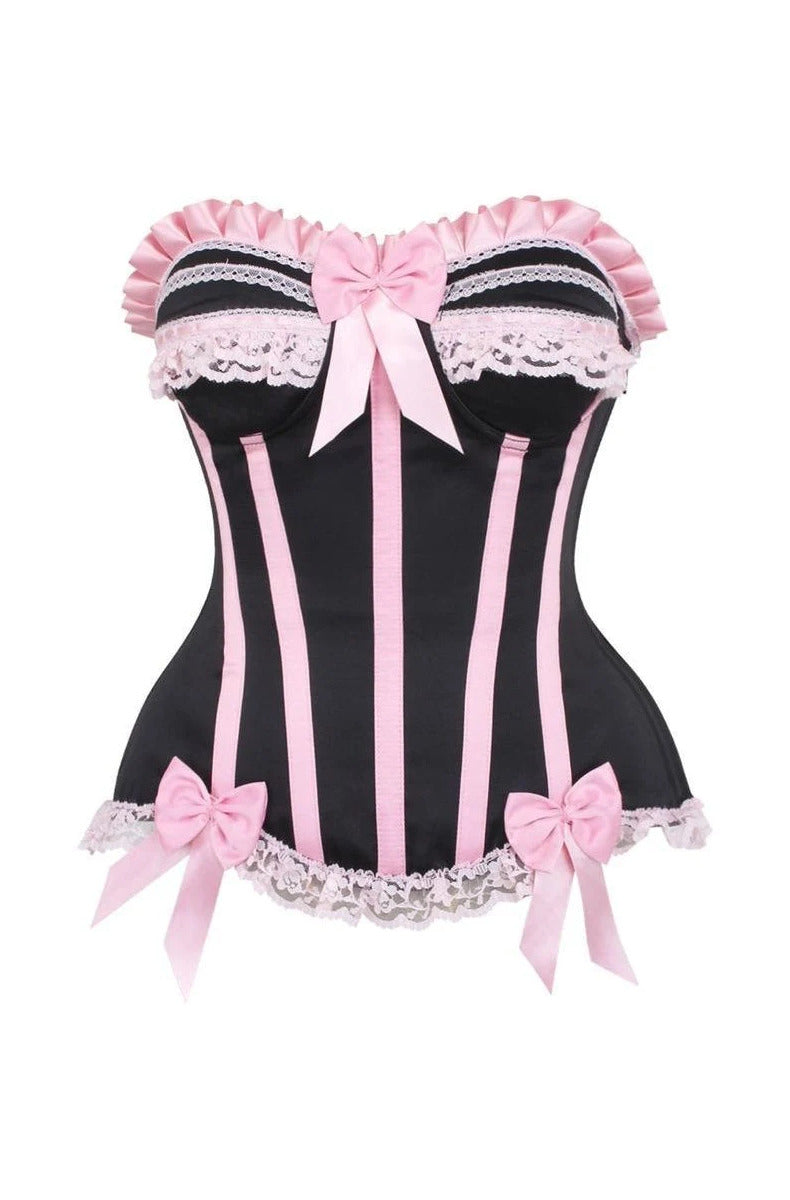 Black satin burlesque corset with pink satin stripes, pink bows, ruffle trim, and underwire cups