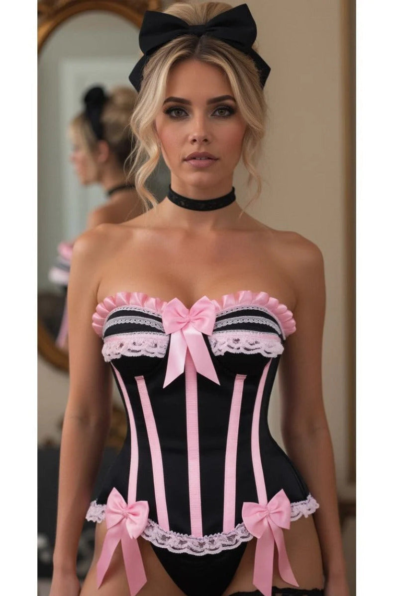 Model wearing the black and pink burlesque corset styled as a sexy kitten look
