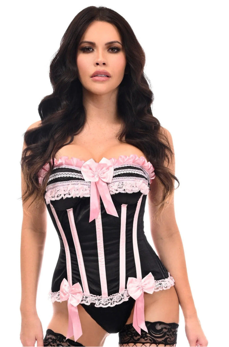 Model wearing the black satin burlesque corset with pink stripes and bows