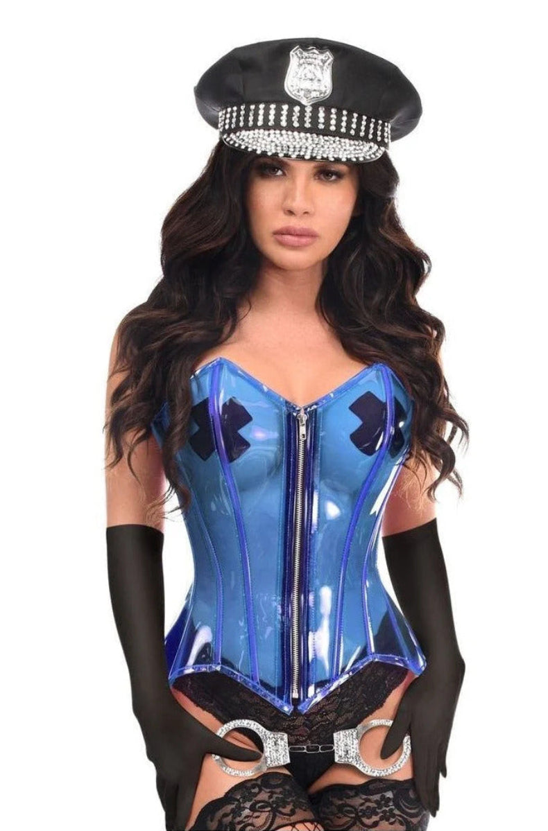 Clear blue PVC overbust corset styled as a cop costume with hat and cuffs, accessories not included