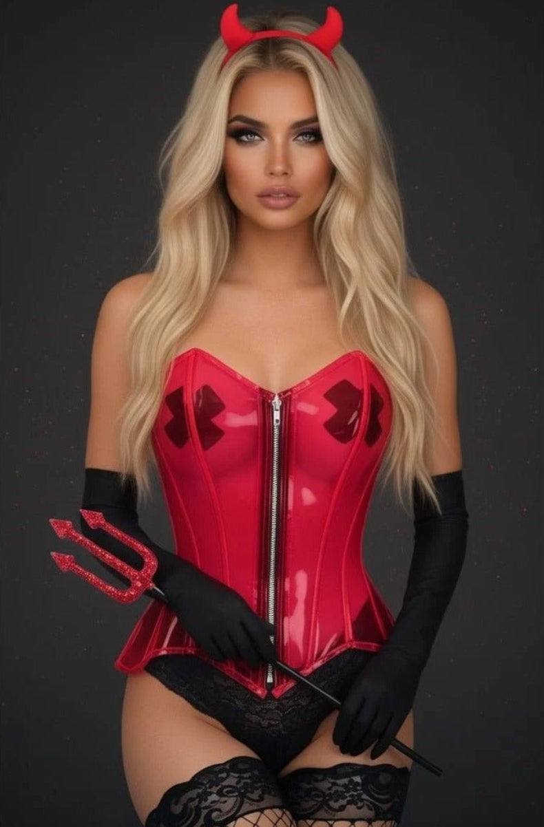 Clear red PVC overbust corset styled as a devil costume with horns and pitchfork, accessories not included