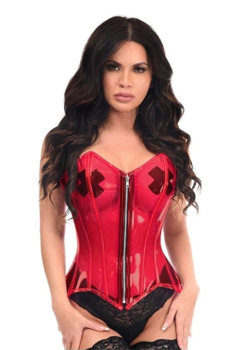 Clear red PVC overbust corset with a silver front zipper, shown on a model