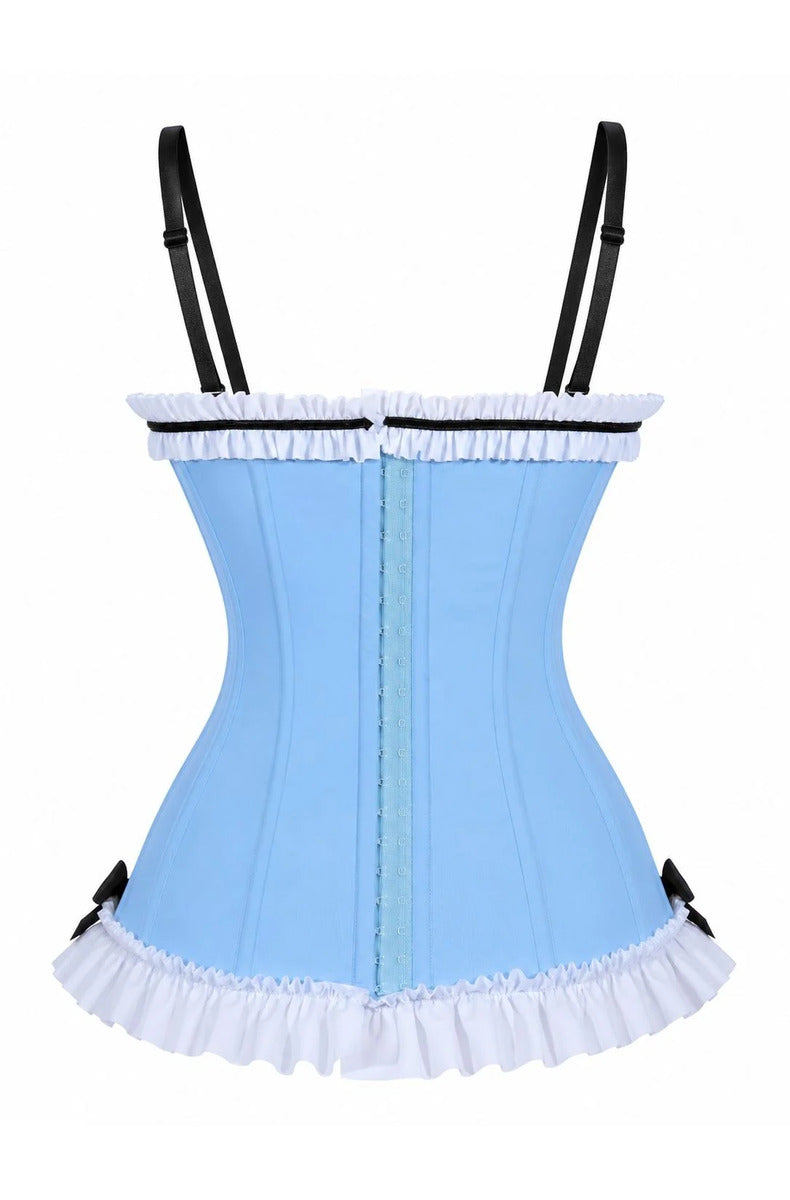 Back of the powder blue corset showing the hook-and-eye closure, white ruffle trim, and white ruffle hem
