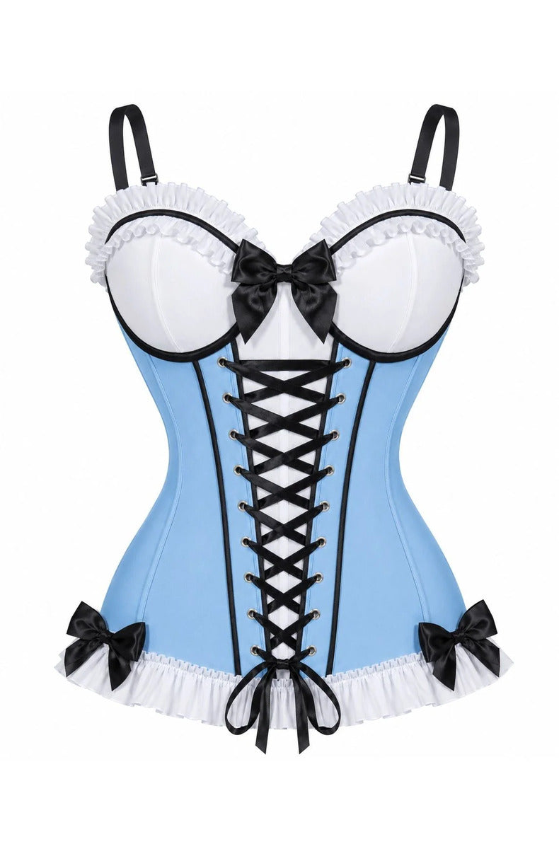 Powder blue fairytale corset with white underwire cups, black satin bow, black lace-up front, and white ruffle hem with bows