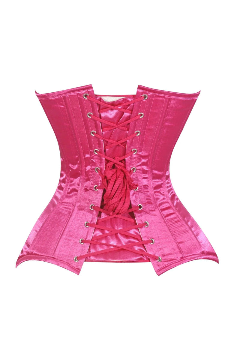 Back of the hot pink satin corset showing the pink lace-up and modesty panel