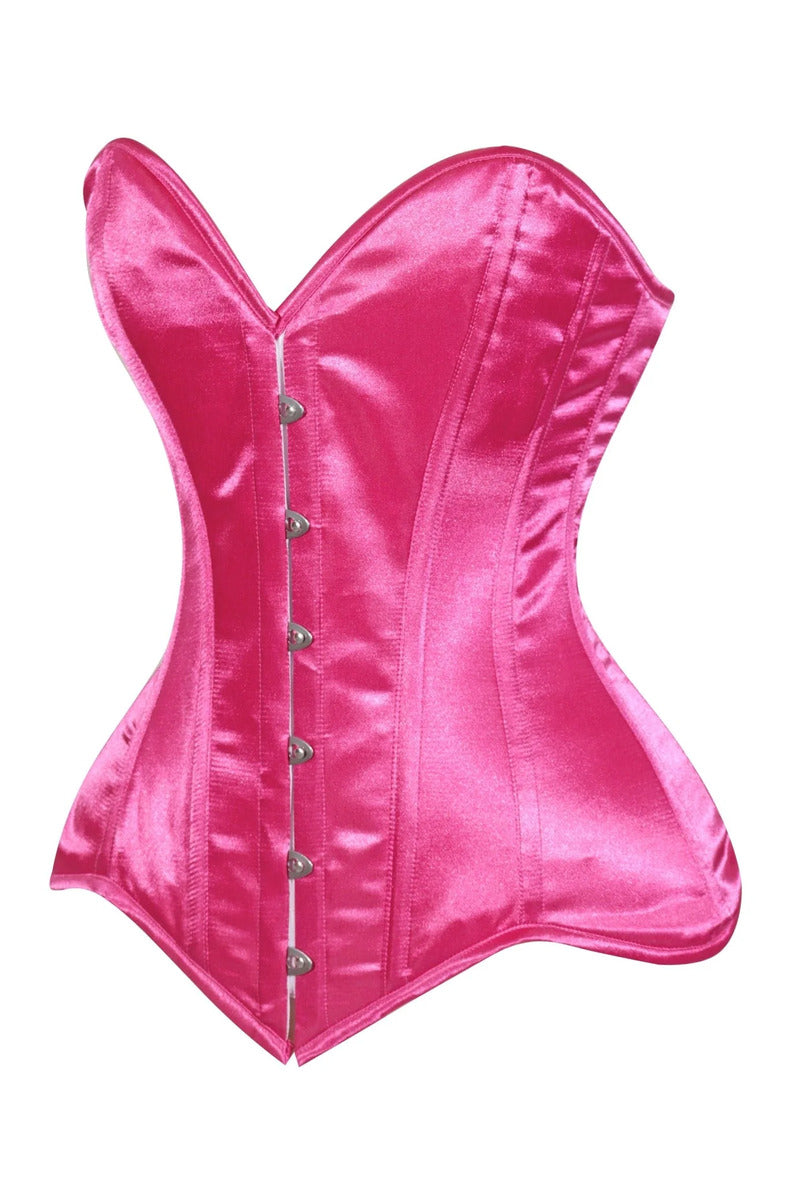 Hot pink satin overbust corset with a sweetheart neckline and steel front busk