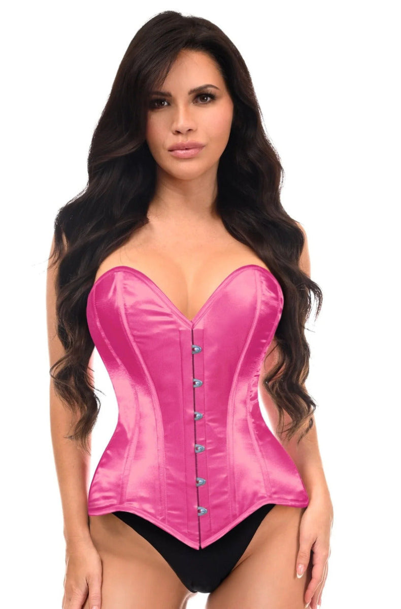 Hot pink satin overbust corset with sweetheart neckline and front busk, shown on a model
