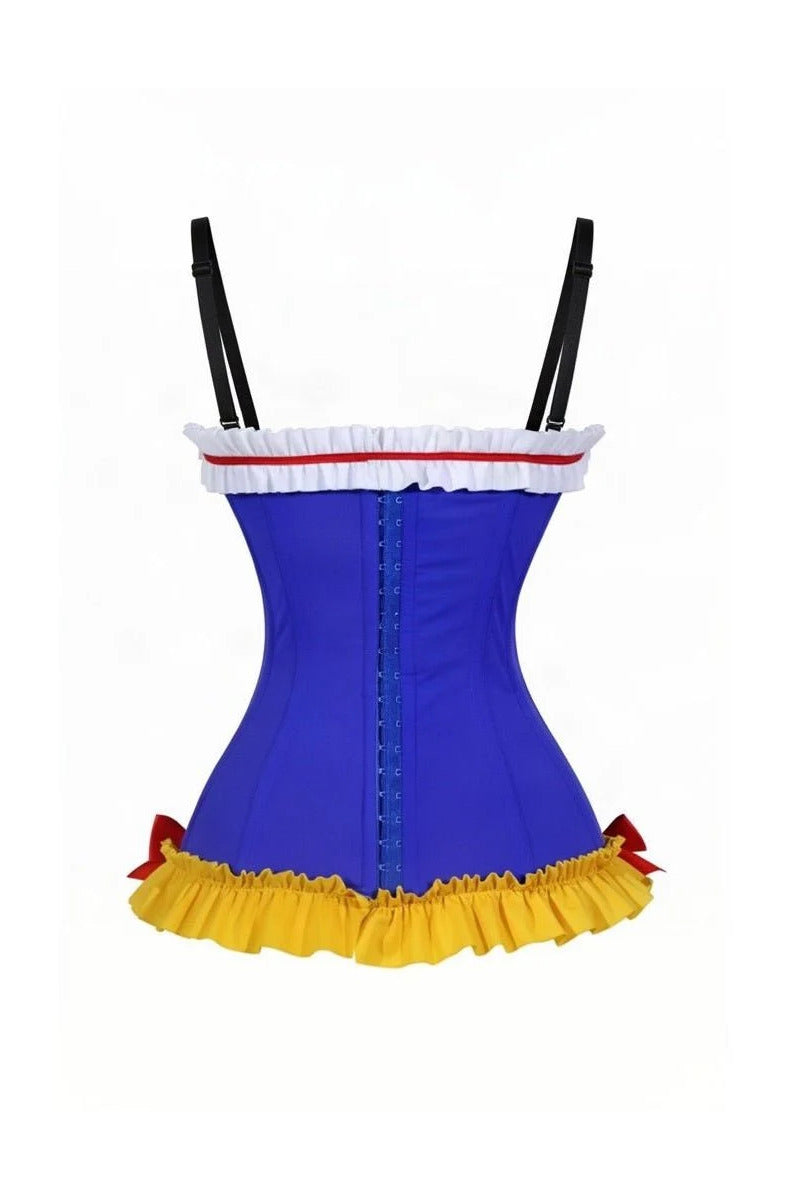 Back of the princess corset showing the hook-and-eye closure, white ruffle trim, and yellow ruffle hem