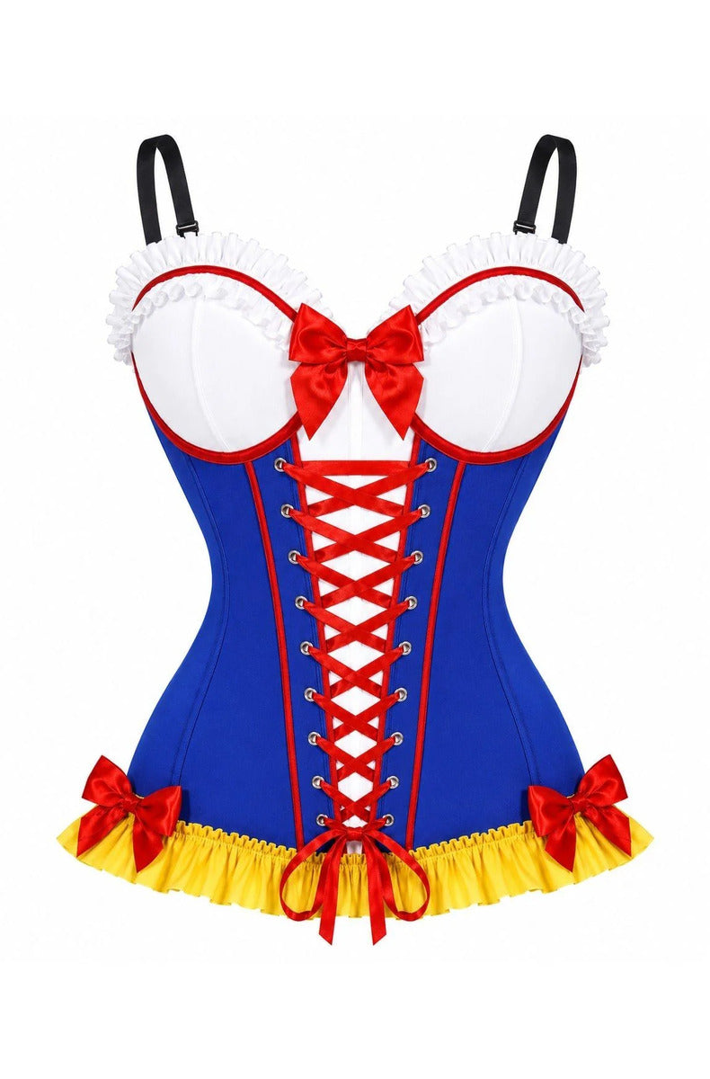 Storybook princess bustier corset with white underwire cups, red bow, blue and red lace-up front, yellow ruffle hem