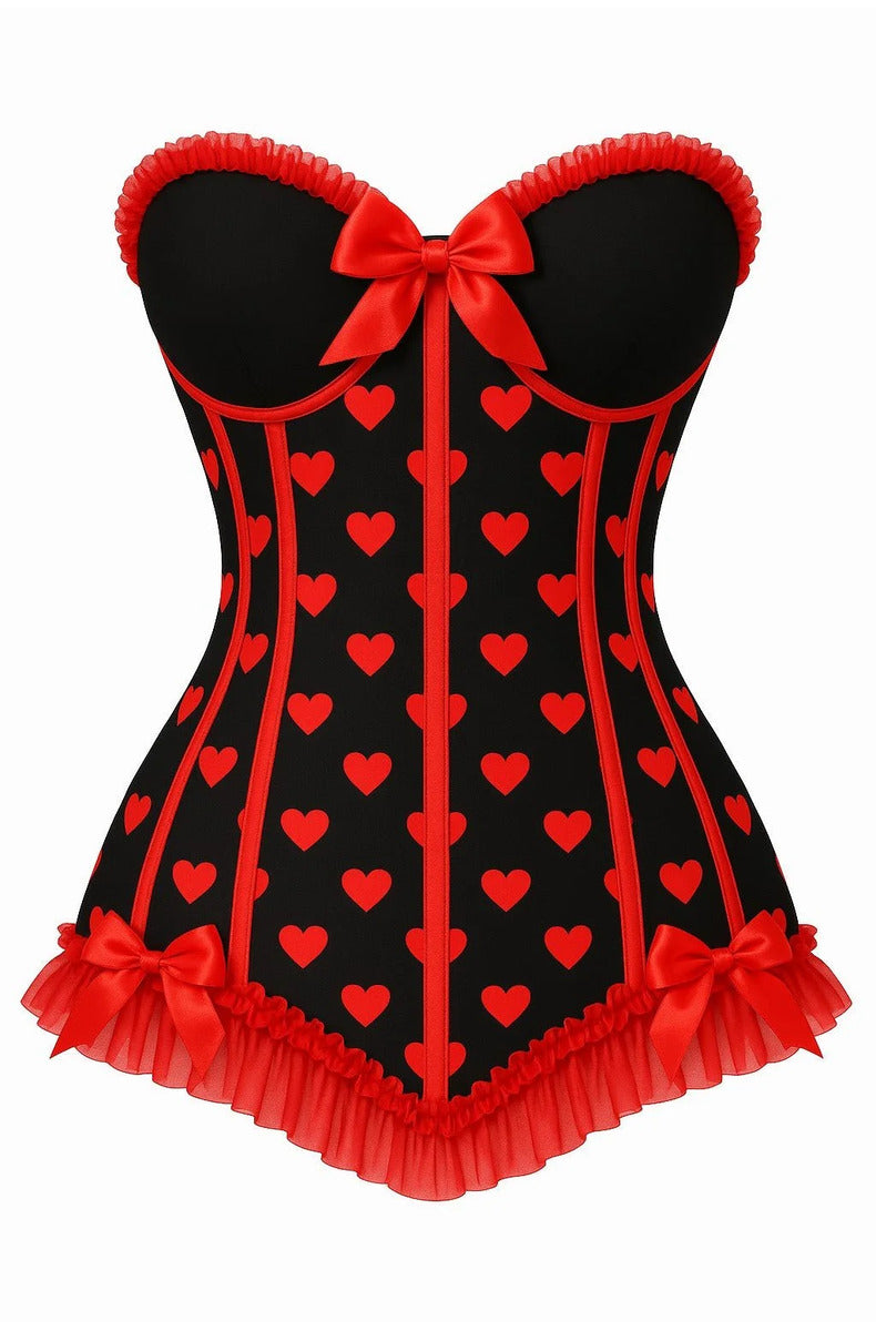 Queen of Hearts bustier: black with red heart print, sweetheart cups, red ruffle trim, and satin bows