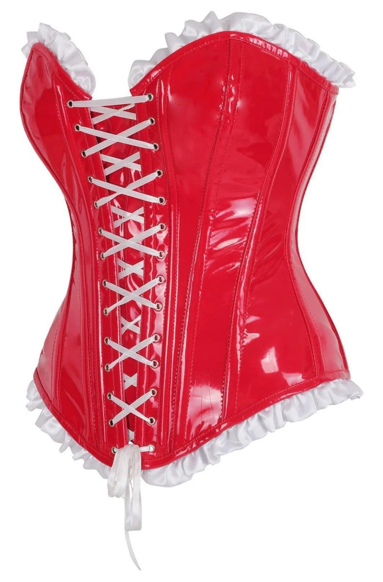 Angled view of the red patent vinyl steel boned corset with white ruffle trim
