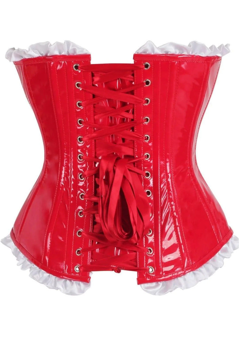 Back of the red patent vinyl corset showing the red lace-up and privacy panel with white ruffle hem