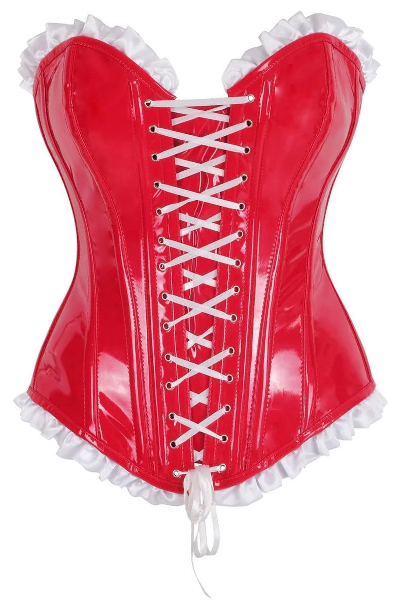 Red patent vinyl steel boned corset with white ruffle trim and white front lace-up